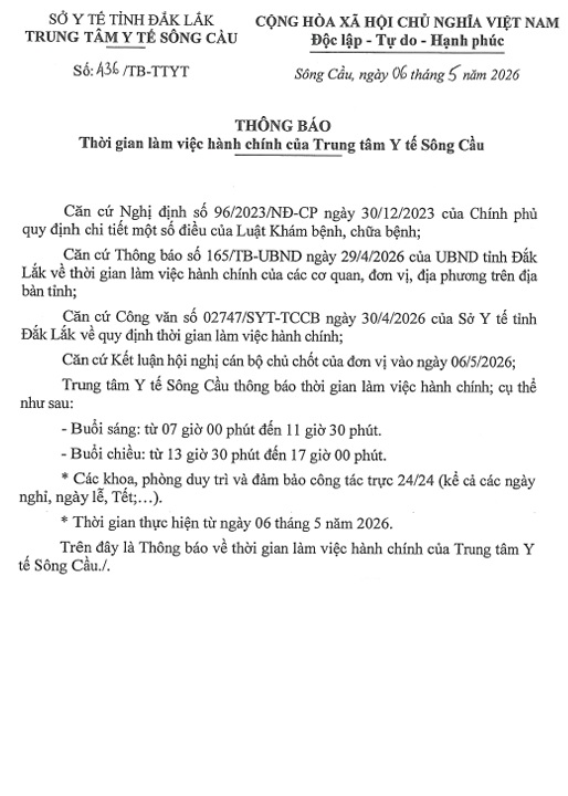 Thông báo thời gian làm việc hành chính của Trung tâm Y tế Sông Cầu